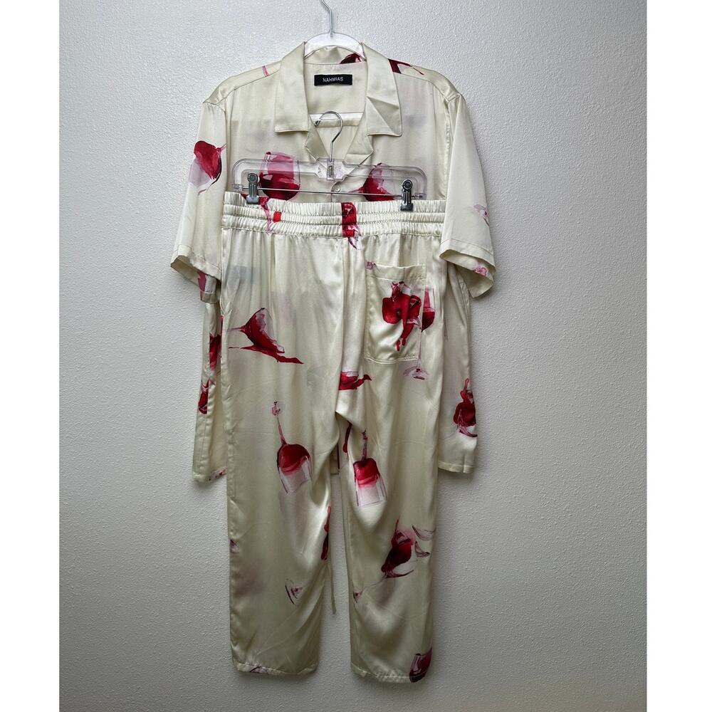 Nahmias Silk Pajama Set Wine Glass Print Ivory Cream L